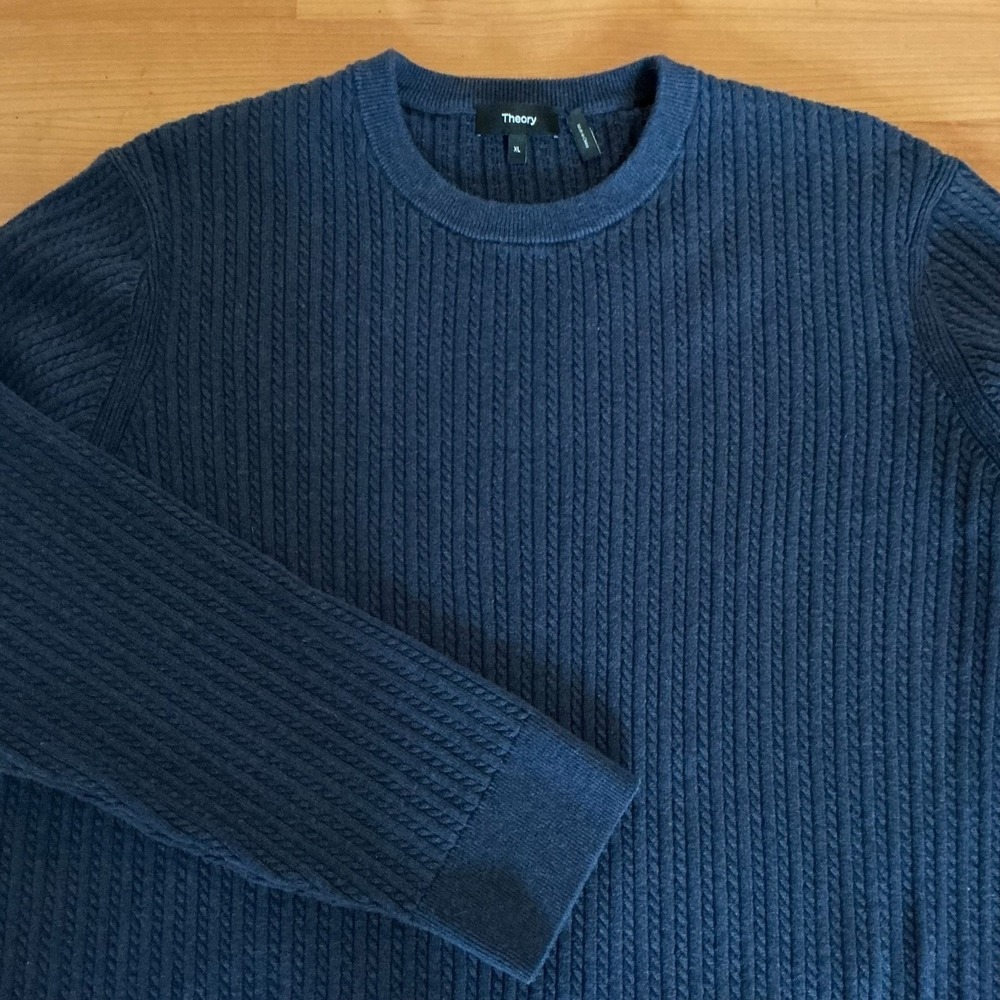 Theory XL Navy 100% Cotton‎ Rib Knit Crewneck Sweater Cable Knit Pullover Men
